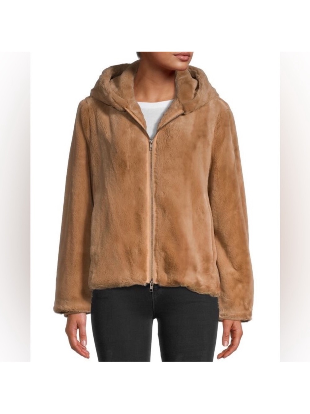 Vince Hooded Zip Up Fur Jacket
